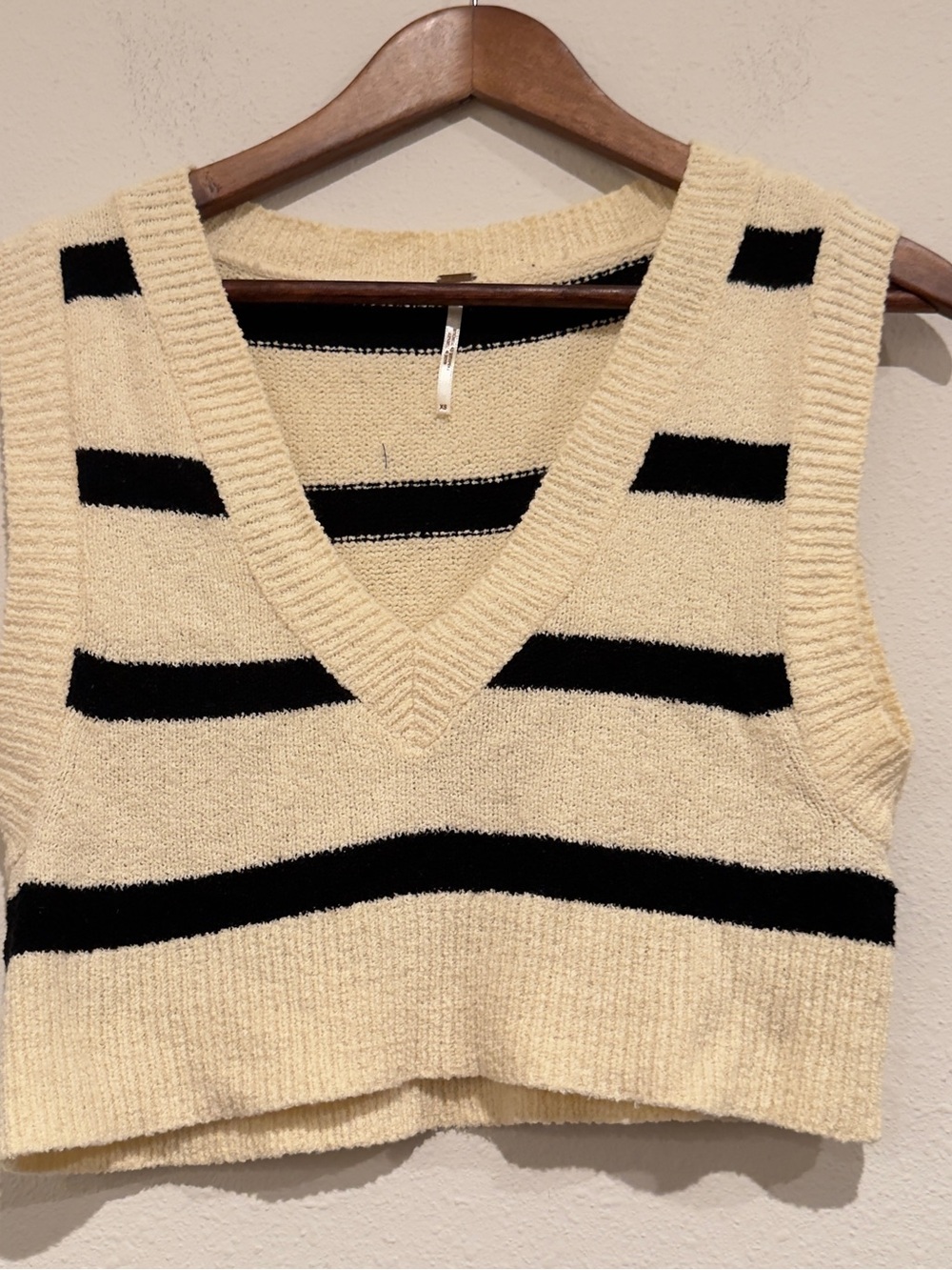 Free People Cream & Black Striped Cropped V-Neck Sweater Tank